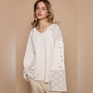 NWT POL Cream and Pink Textured Long Sleeve Top with Lace Detail